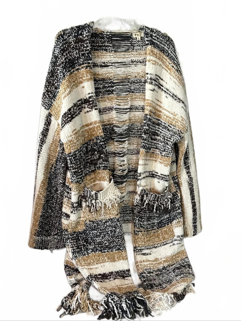 POL Cozy Striped Fringe Long Cardigan - Black, Cream & Tan